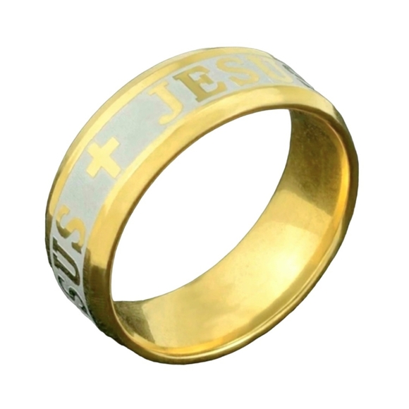 Gold Stainless Steel JESUS Insignia Emblem Embossed Engraved 8mm 8mm Band Ring - Picture 3 of 16